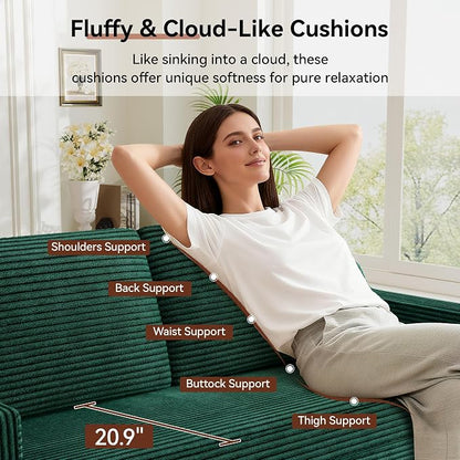 Vipbear 65.4" Loveseat Sofa,Mid-Century Modern Small Couches for Living Room, Bedroom, Office,Comfy Forest Green Corduroy Couch with Spring Cushion, Solid Wood Frame, Tool-Free Assembly