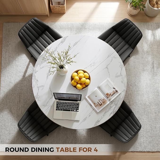 47.3 Inch Round Dining Table Set for 4, Round Kitchen Table with Chairs, Space Saving Dining Room Table set with Storage Shelf for Apartment Kitchen Dining Room, Faux Marble Table+4 Black Chairs