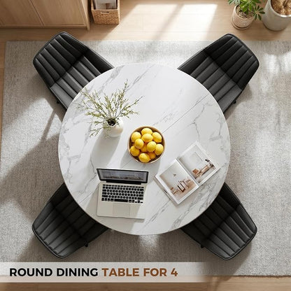 47.3 Inch Round Dining Table Set for 4, Round Kitchen Table with Chairs, Space Saving Dining Room Table set with Storage Shelf for Apartment Kitchen Dining Room, Faux Marble Table+4 Black Chairs