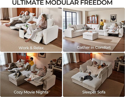 174.4'' Oversized Modular Power Recliner Sofa with Headrest, Deep Cloud Couch with Table, Charging Cup Holders, Convertible U-Shaped 6-Seater Sectional with 2 Storage Ottomans, Chenille, White
