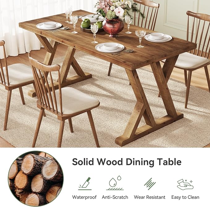 Solid Wood Dining Table for 4-6 People, 63 Inches Wooden Farmhouse Rectangular Kitchen Dinner Table with Heavy-Duty Legs for Home, Living Room, Dining Room, Rustic Brown