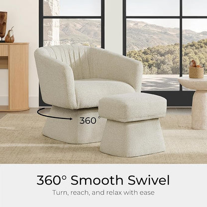 Zerel's Home Swivel Accent Chair with Ottoman, Upholstered Barrel Accent Chair, Modern Accent Chair with Pleated Backrest and Arms, Boucle Armchair for Living Room Bedroom, Sand