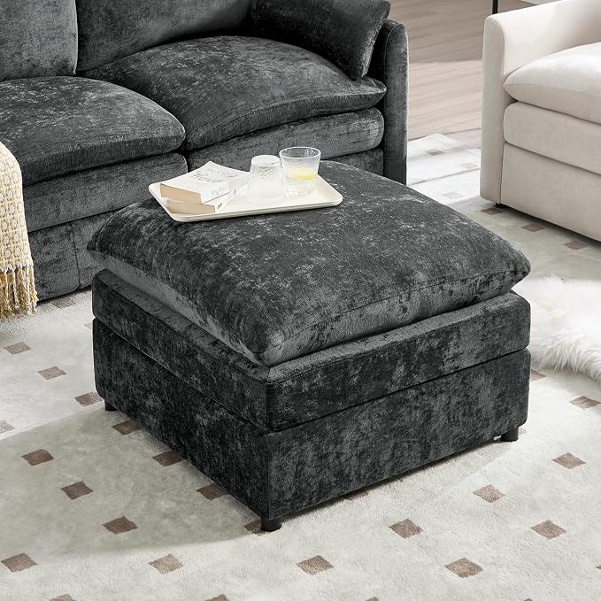 Iroomy 25" Chenille Ottoman, 9.5" Thick Cushion, Upholstered Footrest Modern Footstool & Bench for Living Room, Bedroom, Dark Gray