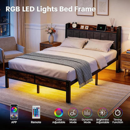 Liians Full Size LED Bed Frame with Charging Station and Storage Headboard, Metal Platform Bed, No Box Spring Needed, Easy Assembly, Noise Free