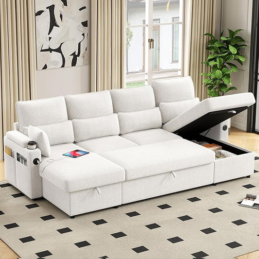 104.7" U-Shaped Sectional Sofa Couch, Pull-Out Sleeper Sofa Bed with Storage Chaise, Double Cup Holders, Dual USB Charging Ports, Couches for Living Room Apartment