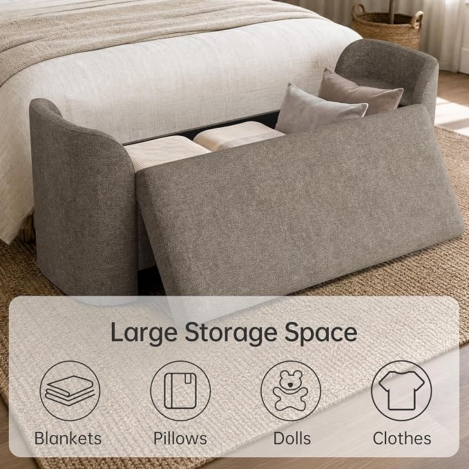 Usaint 58.3" Storage Ottoman Bench with Pillows, Upholstered End of Bed Bench with Arms, Footrest Stool Bench for Bedroom, Living, Window, Entryway and Hallway, Brown