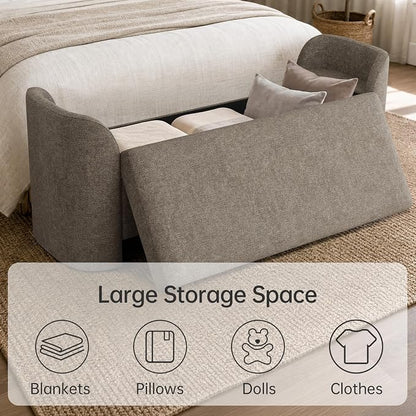 Usaint 58.3" Storage Ottoman Bench with Pillows, Upholstered End of Bed Bench with Arms, Footrest Stool Bench for Bedroom, Living, Window, Entryway and Hallway, Brown