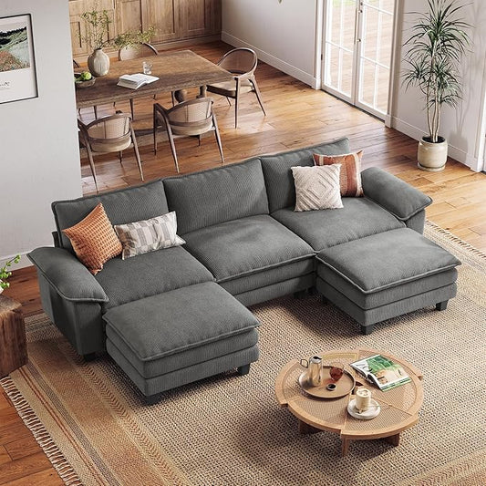 LINSY HOME 123'' Modular Sectional Sofa 3 Seat Couch Corduroy Cloud Couch with Deep Seat, Modern Cloud Couch with 2 Movable Ottoman for Living Room, Office, Bedroom, Grey