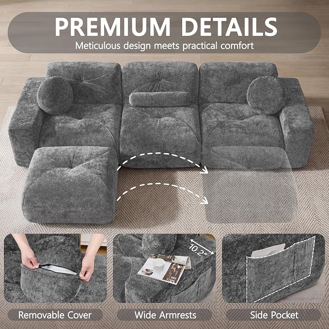 112" Modular Sectional Cloud Couch, L Shaped Sofa Boneless Couches with Movable Ottoman, 3 Deep Seat Modern Comfy Velvet Sofa for Living Room, Bedroom, Apartment (Grey)