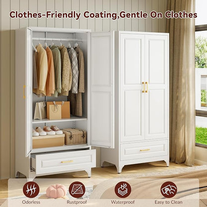 Metal Armoire Wardrobe Closet with Hanging Rod, 71" Tall Wardrobe Cabinet with Doors and Adjustable Shelves, Clothing Storage Cabinets with Drawer for Bedroom, Home
