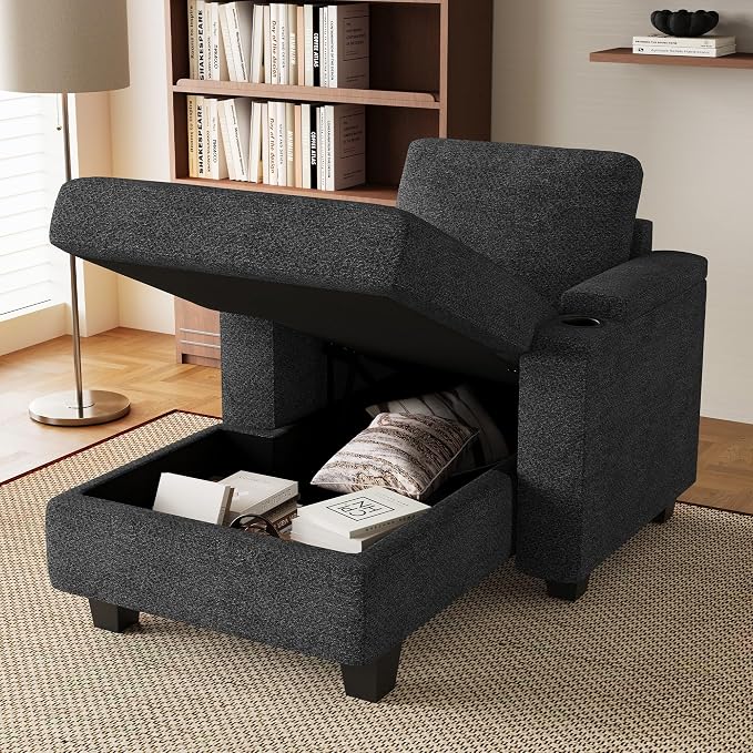 Belffin 52.8" Deep Storage Chaise Lounge with Cup Holder for Apartment Couch Dark Grey