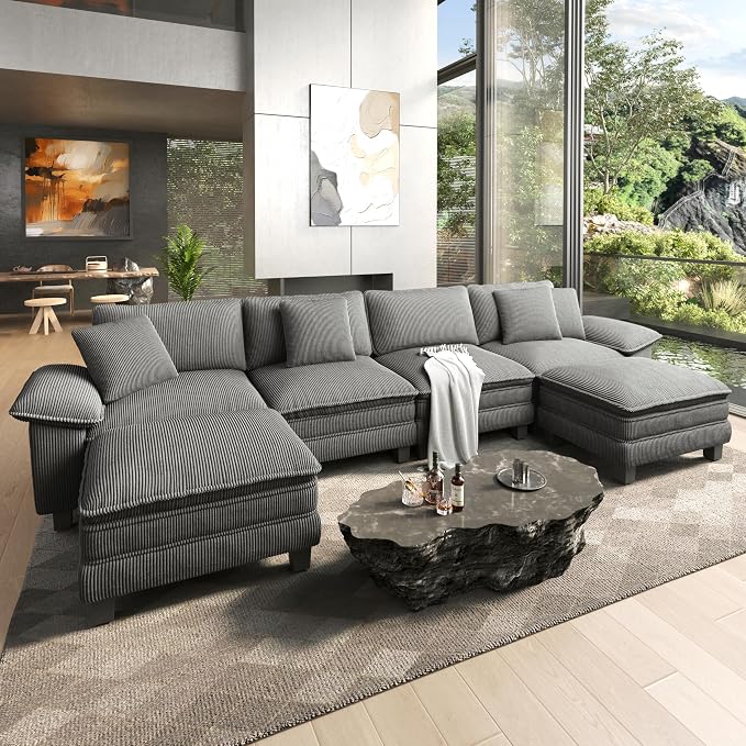 HERA'S HOUSE 158" Oversized Modular Sectional Sofa, Comfy U Shaped Couches for Living Room, Cloud Couch with Ottoman, 6-Seater Deep Seat Sofa with Throw Pillow, Corduroy Grey