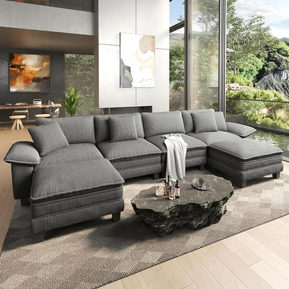 HERA'S HOUSE 158" Oversized Modular Sectional Sofa, Comfy U Shaped Couches for Living Room, Cloud Couch with Ottoman, 6-Seater Deep Seat Sofa with Throw Pillow, Corduroy Grey