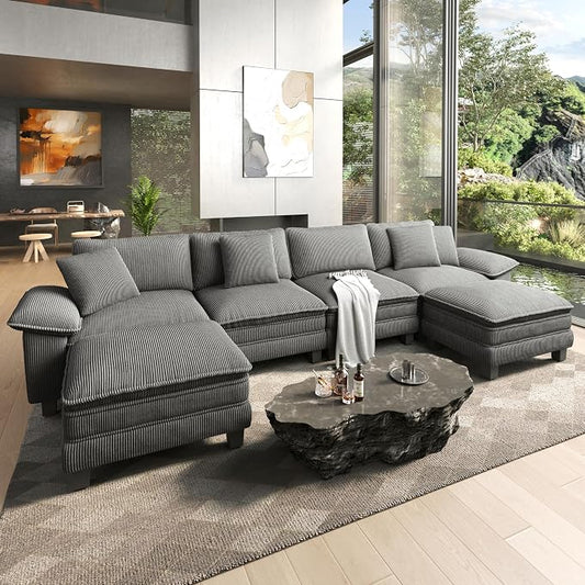 HERA'S HOUSE 158" Oversized Modular Sectional Sofa, Comfy U Shaped Couches for Living Room, Cloud Couch with Ottoman, 6-Seater Deep Seat Sofa with Throw Pillow, Corduroy Grey