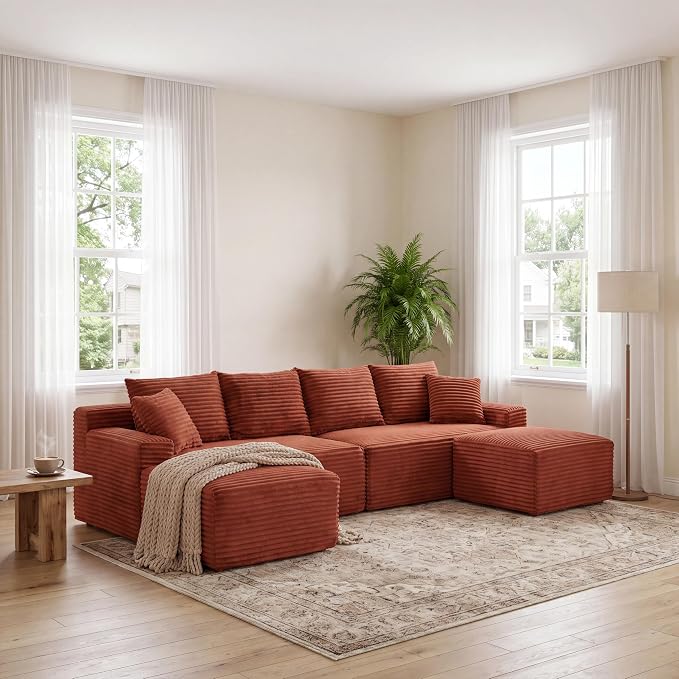 115" U-Shaped Cloud Sectional Couch, Modular Compressed Boneless Sectional Sofa W/Reversible Ottoman Chaise Lounge, Plush Corduroy Boneless Symmetrical Sofa for Living Room