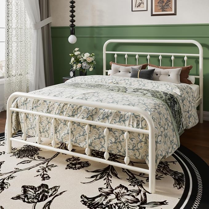 SHA CERLIN Queen Size Metal Platform Bed Frame with Victorian Style Iron-Art Headboard and Footboard, Easy Assembly, Under Bed Storage, No Box Spring Required, Off White