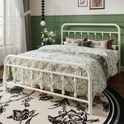 SHA CERLIN Queen Size Metal Platform Bed Frame with Victorian Style Iron-Art Headboard and Footboard, Easy Assembly, Under Bed Storage, No Box Spring Required, Off White