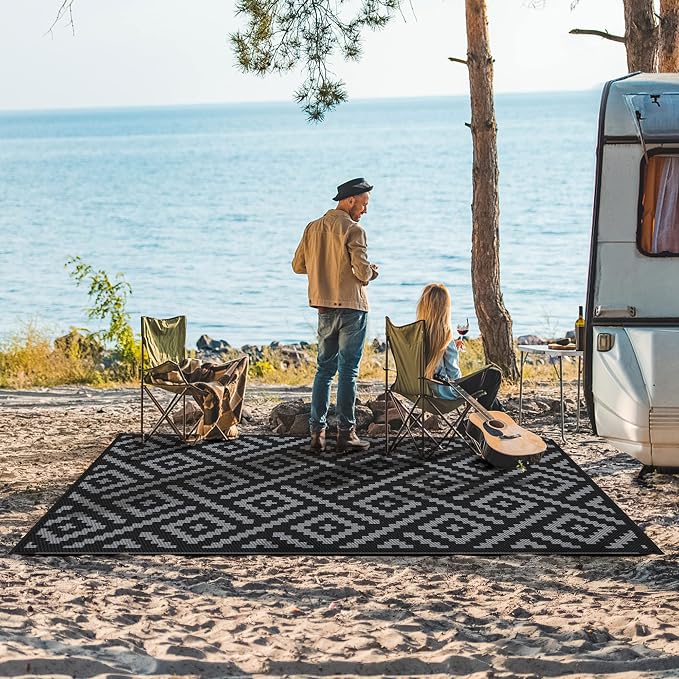 GENIMO Outdoor Rug 4x6 Waterproof, Reversible Mats, Outdoor Area Rug, Plastic Outside Carpet, Eeometric Rv Mat for Patio Camping Rv Picnic Backyard Deck Balcony Porch Beach (Black & Grey)