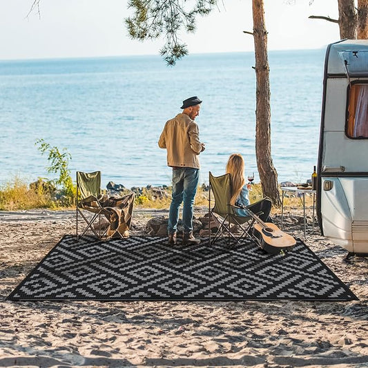 GENIMO Outdoor Rug 4x6 Waterproof, Reversible Mats, Outdoor Area Rug, Plastic Outside Carpet, Eeometric Rv Mat for Patio Camping Rv Picnic Backyard Deck Balcony Porch Beach (Black & Grey)