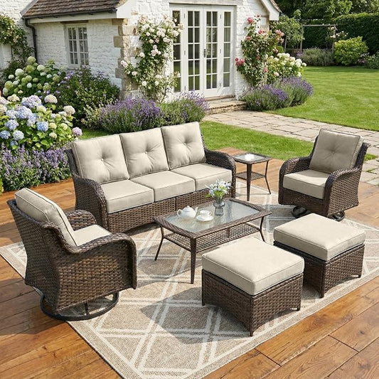 Patio Furniture Set, 7PCS Outdoor Wicker Conversation Set with 6" Thick Cushions, High Back Rattan Sofa & Swivel Rocker Chairs, Weather Resistant Olefin Fabric for Garden, Poolside, Beige