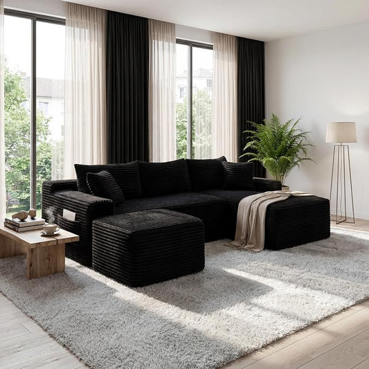 106-Inch Oversized U-Shaped Right Facing Corner Compressed Sofa Modular Boneless Cloud Sectional Sofa Floor Foam Couch W/Chaise & Ottoman, Corduroy Corner Boneless Cloud Couch