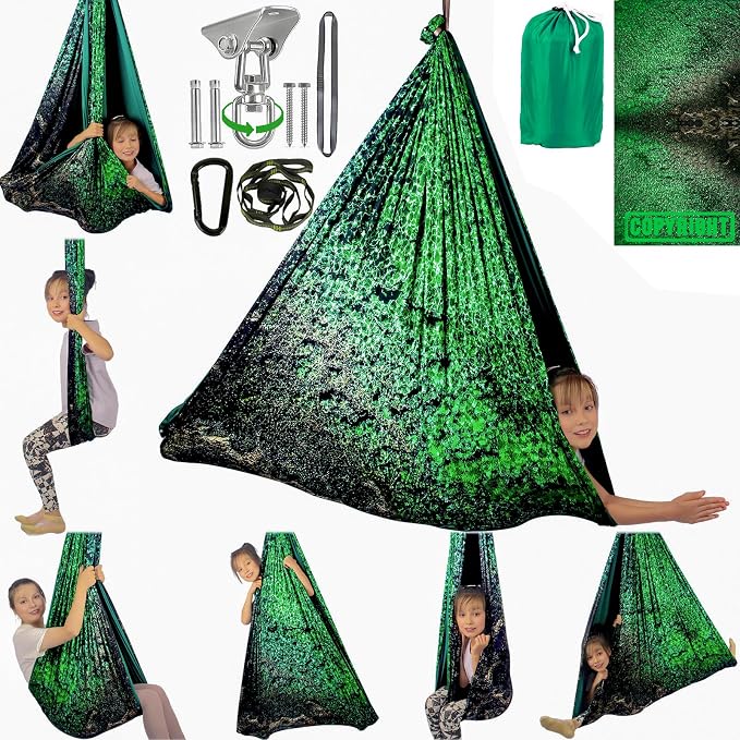 HiCamer Sensory Swing for Kids & Adults Holds 300lbs Indoor/Outdoor Therapy Cuddle Swing with 360° Swivel Hanger Kit (Crystal Green)