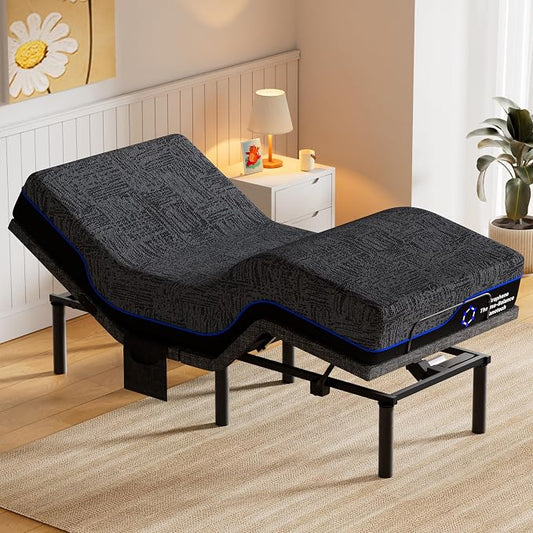 Amada Twin XL Adjustable Bed Frame and 14 Inch Cooling Gel Memory Foam Mattress Set, Head & Foot Incline, Wireless Remote, USB Ports, LED Night Light, Medium Firm Support