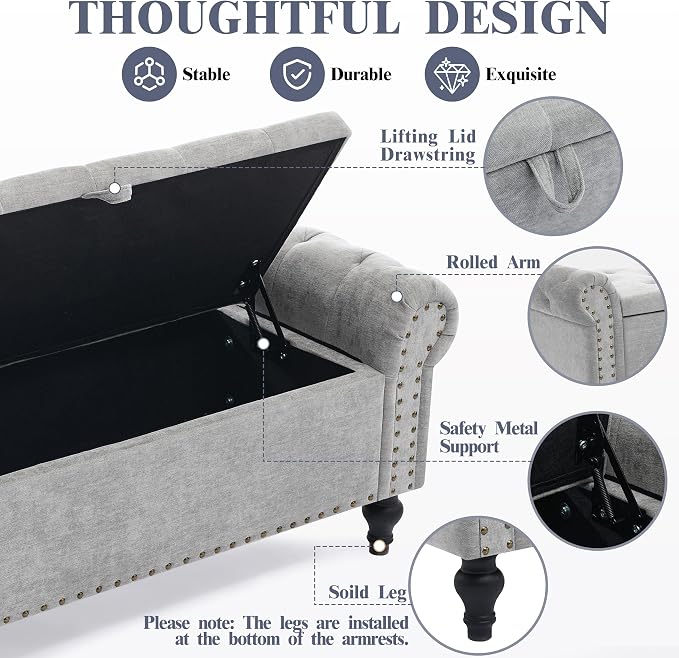51" Storage Bench for Bedroom, Upholstered Ottoman Bench Chenille LightGray | End of Bed Bench for Bedroom, Window Benches for Living Room, Entryway, Ottoman with Large Storage Space, Pet Friendly