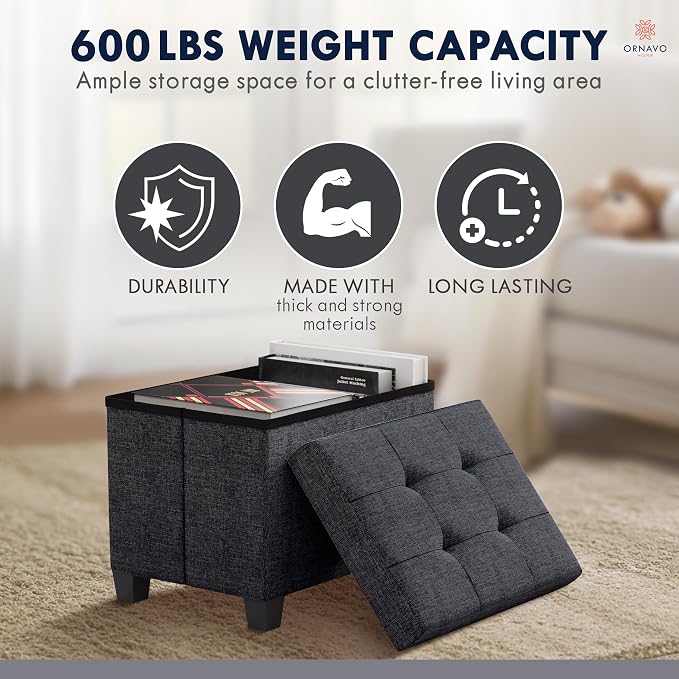 Ornavo Home Storage Ottoman Small Rectangle Ottoman with Legs, Foot Rest Stool Seat, Load up to 600 LB, for Living Room, Bedroom, Home Office, Dorm - 12 x 16 x 12, Black