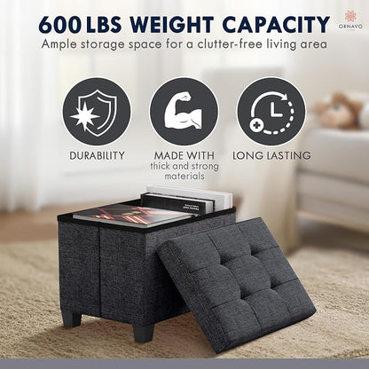 Ornavo Home Storage Ottoman Small Rectangle Ottoman with Legs, Foot Rest Stool Seat, Load up to 600 LB, for Living Room, Bedroom, Home Office, Dorm - 12 x 16 x 12, Black