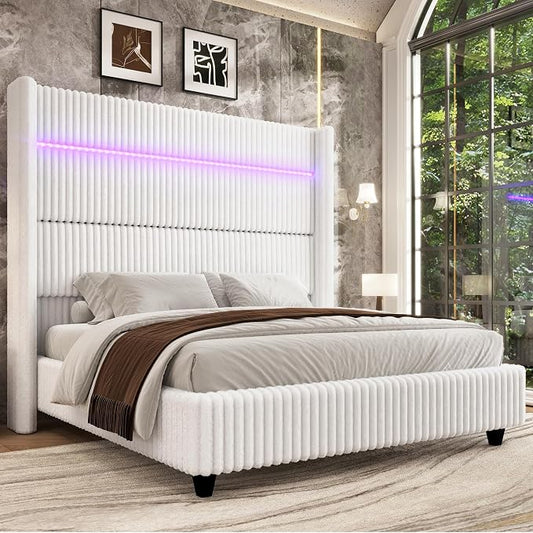 Jocisland Queen Bed Frame Faux-Fur Upholstered 60" Tall Headboard, White | Wingback Headboard, LED lights,USB Charging, Noise-free, No box spring needed, easy assembly, for Couples & Guest Room