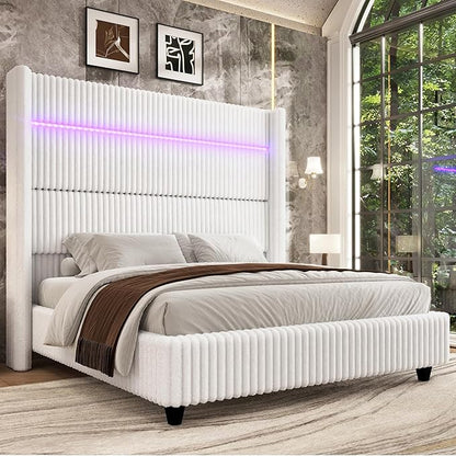 Jocisland Cal King Bed Frame Faux-Fur Upholstered 60" Tall Headboard, White | Wingback Headboard, LED lights, USB Charging, Noise-free, No box spring needed, easy assembly, for Tall People
