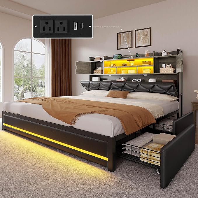 DWVO King Size Bed Frame with RGB LED Lights & Storage Bookcase Headboard, Upholstered Bed with Charging Station and 4 Drawers, No Box Spring Needed, Easy Assembly, Noise-Free, PU Leather Black