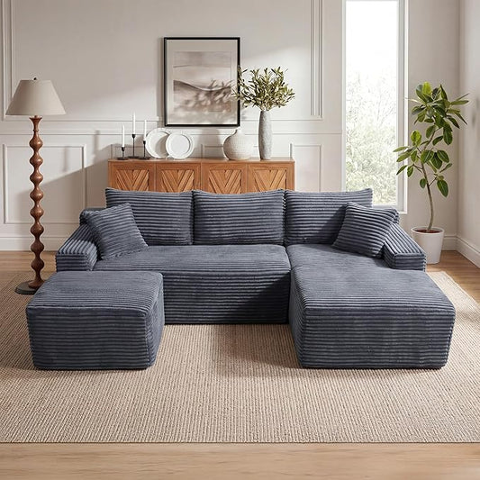 95-Inch U-Shaped Right Facing Corner Compressed Sofa Modular Sectional Boneless Cloud Sofa Floor Foam Couch W/Chaise Lounge & Ottoman, Corduroy Corner Boneless Cloud Couch