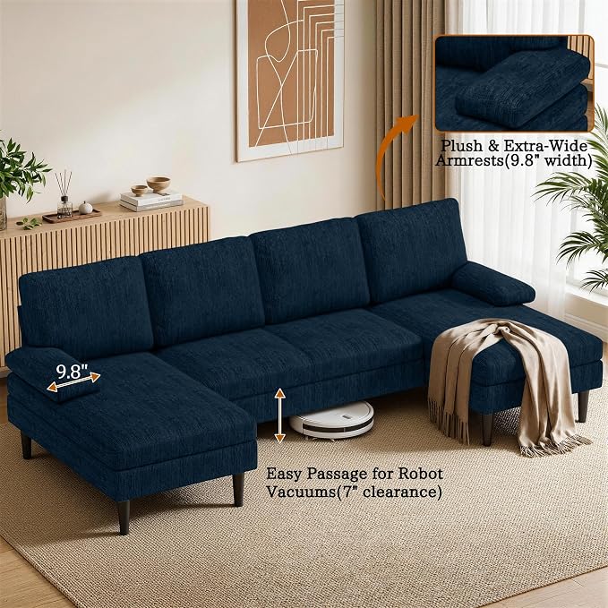 Korser U-Shaped Sectional Couches for Living Room, 101" Modular Sofa Set with Double Chaise, 4-Seat Chenille Couch with High-Density Foam for Apartment, Blue