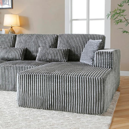 L Shaped Modular Boneless Sectional Couches for Living Room, Wide Armrest, Deep Seat, Memory Foam, Assembly Free, Modern Comfy Corduroy Fluffy Cloud Sofa with Right Chaise, Grey