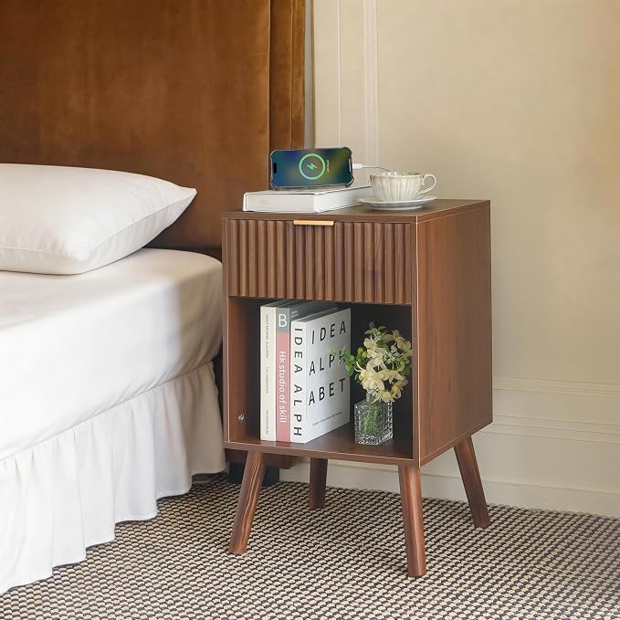 Fultyle Nightstand with Charging Station, Fluted Night Stand with USB and Type C Ports, Mid Century Modern Bedside Table with Drawer and Storage Shelf for Bedroom, Living Room, Office (Walnut Brown)