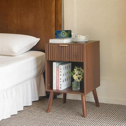 Fultyle Nightstand with Charging Station, Fluted Night Stand with USB and Type C Ports, Mid Century Modern Bedside Table with Drawer and Storage Shelf for Bedroom, Living Room, Office (Walnut Brown)
