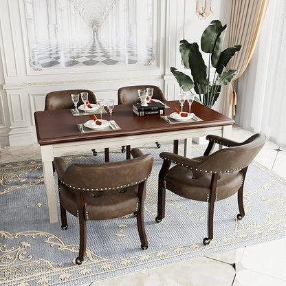 LEEMTORIG Set of 2 Large Dining Chairs with Casters and Arms, Rolling Dining Chairs with Wheels, Wood Boss Caption's Chair, 26" D x 25.2" W x 31.5" H, Espresso Legs & Choalate PU, XXY-1910-BN