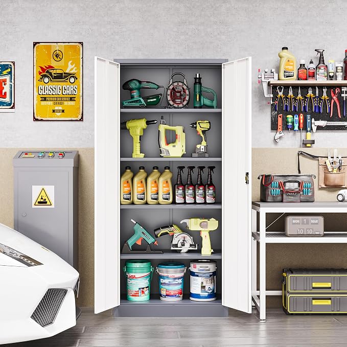 Metal Tool Storage Cabinet,Lockable File Cabinet with 2 Doors and 5 Adjustbale Shelves,Tall Cabinets for Garage Storage Systems for Home Office,Garage,Workshop