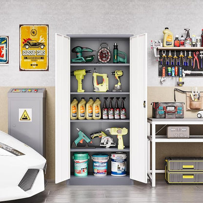 Metal Tool Storage Cabinet,Lockable File Cabinet with 2 Doors and 5 Adjustbale Shelves,Tall Cabinets for Garage Storage Systems for Home Office,Garage,Workshop