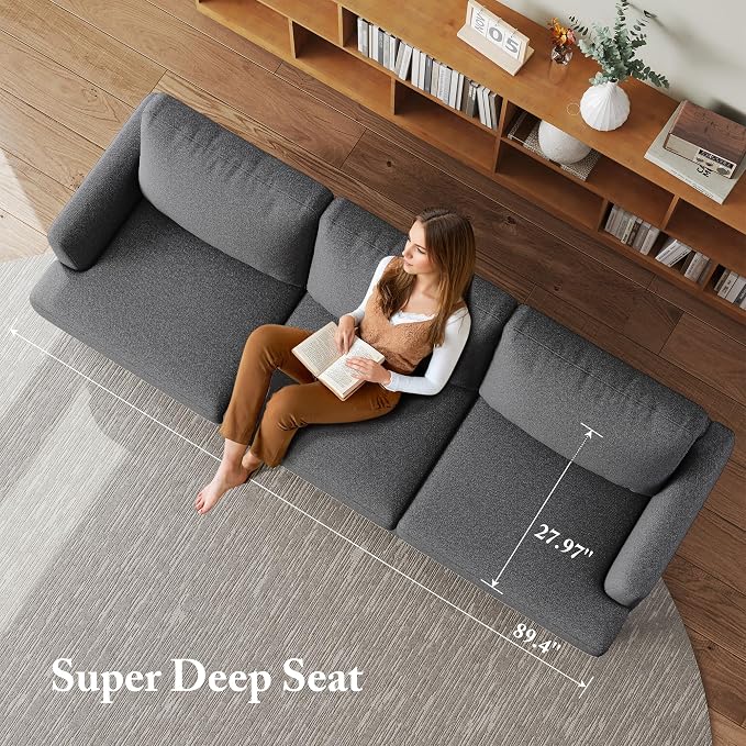Busaurus 3 Seater Sofa Couch with Deep Seats, 89" Mid Century Modern Upholstered Sofa with Armrests, Comfy Couches for Living Room, Bedroom, Apartment and Office (Dark Grey)
