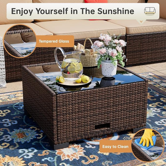 LHBcraft 7 Piece Patio Outdoor Furniture Set, Outdoor Sectional Furniture, Outside Patio Sofa Sectional All-Weather Manual Weaving PE Rattan Wicker, Beige Cushion and Glass Table