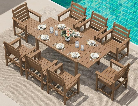 SERWALL HDPE and Aluminum Outdoor Dining Set for 8, Brown | 60" - 83" Expandable Outdoor Dining Table and 8 HDPE Chairs, All Weather Outdoor Furniture Set