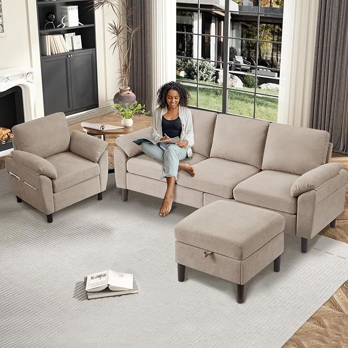 3 Piece Convertible Sectional Sofa Set, Modern Linen Small L Shaped Couch with Reversible Ottoman and Accent Chair, 3-Seat Sofa Couches for Living Room, Office, Apartment, Beige