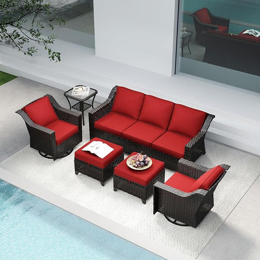 6 Pieces Patio Conversation Furniture Set - 1 Sofa, 2 Swivel Chairs, 2 Ottomans, 1 Side Table, Outdoor Wicker Furniture with Removable Cushions for Porch, Balcony, Sunroom (Red)