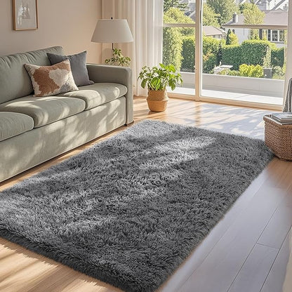 Ophanie Washable 3x5 Area Rug, Bedside Preppy Dorm Rug, College Essentials Non Slip Grey Small Carpets for Bedroom, Anti Slip Fluffy Gray Living Room, Home Decor Aesthetic, Nursery