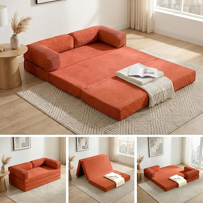 Convertible Sofa Bed Queen,5-in-1 Boneless Couch with Removable Armrests & Handle,Corduroy Futon Sleeper Sofa,Floor Folding Mattress Pull Out Bed for Small Space Apartment Living Room Bedroom,Orange