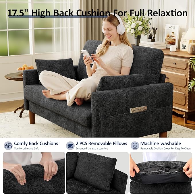 Vipbear 48" Loveseat Sofa,Modern Small Couches for Small Spaces,Black Chenille Love Seat Couch for Living Room,Bedroom,Apartment,Office,Deep Seat,Throw Pillow,Side Pockets,Square Armrest