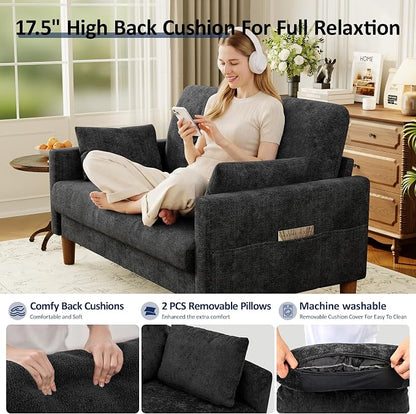 Vipbear 48" Loveseat Sofa,Modern Small Couches for Small Spaces,Black Chenille Love Seat Couch for Living Room,Bedroom,Apartment,Office,Deep Seat,Throw Pillow,Side Pockets,Square Armrest